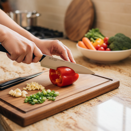Knife cutting red sweet pepper