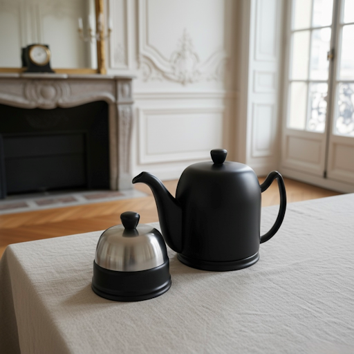 The Salam sugar bowl paired with its matching teapot by Degrenne, styled in a refined Parisian interior with marble fireplace.