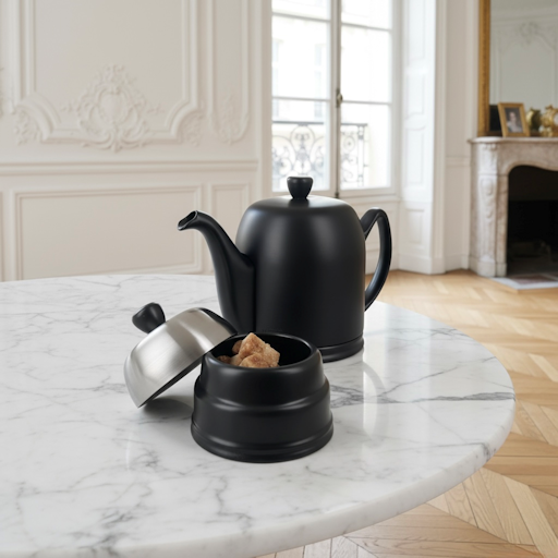 Salam black sugar bowl and teapot by Degrenne on marble, embodying timeless French tableware craftsmanship for tea and coffee lovers.