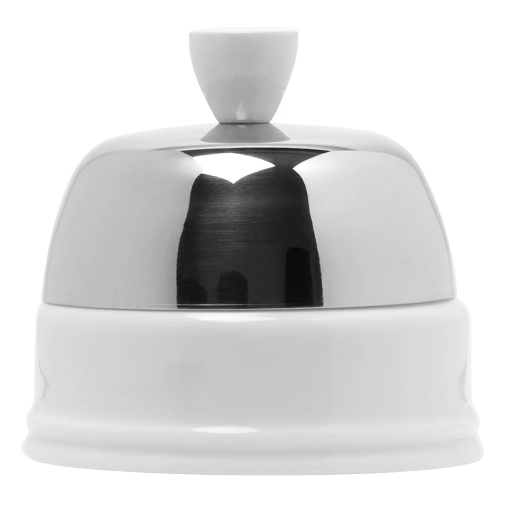 Salam Sugar Bowl by DEGRENNE in white porcelain with a polished stainless steel mirror lid and white knob.