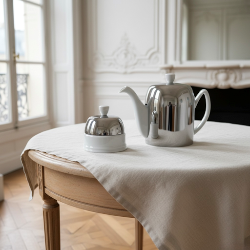 Degrenne's Salam white sugar bowl and teapot, styled on a linen-draped table in an elegant French apartment interior.