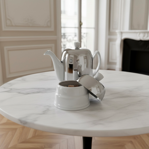 The Salam white sugar bowl and teapot by Degrenne, styled on marble in a refined Parisian interior with herringbone parquet flooring.