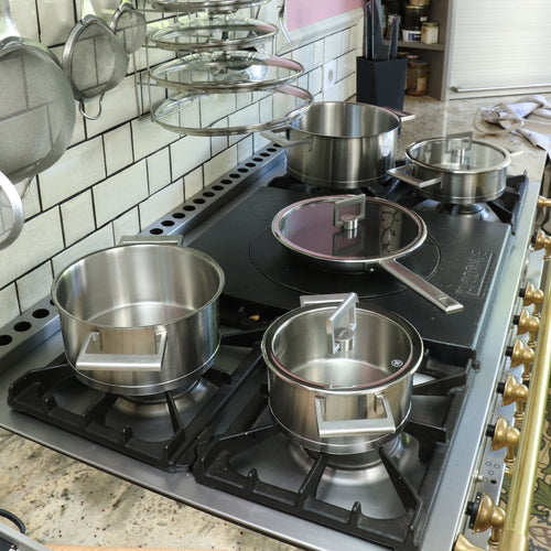 Cristel Fryingpans set and Cristel Saucepans set in a French Kitchen