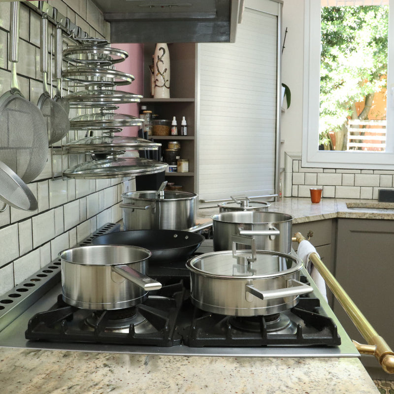 Cristel Fryingpans set and Cristel Saucepans set in a French Kitchen